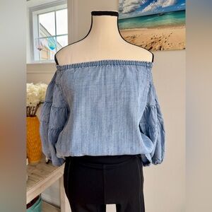 Off-Shoulder Light Blue Balloon Sleeve Blouse